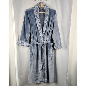 Natori Plush Lynx Robe Womens XL Blue Belt Leopard Print Long Wrap Faux Fur Trim